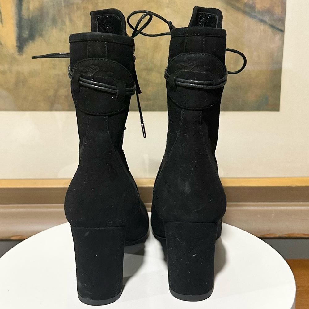 🌹LONGCHAMP🌹 Lace Up Black Suede Bootie Size: 36 - Picture 8 of 14